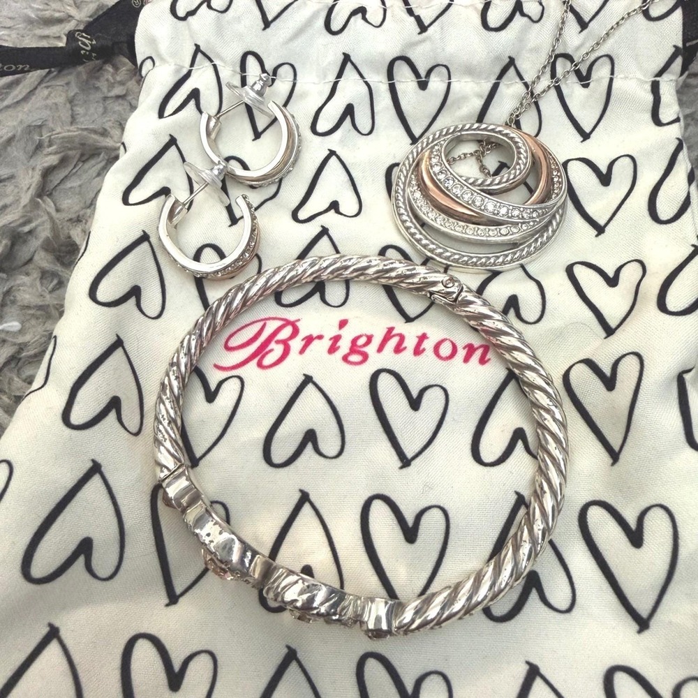 Brighton Jewelry Set OS Mixed Metal Crystal Bangle Necklace Earrings Silver Rose